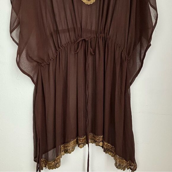 Vintage Women’s 2X Sheer Brown Caftan‎ Cover-Up Tunic Top Gold Embellished Trim - Picture 5 of 14
